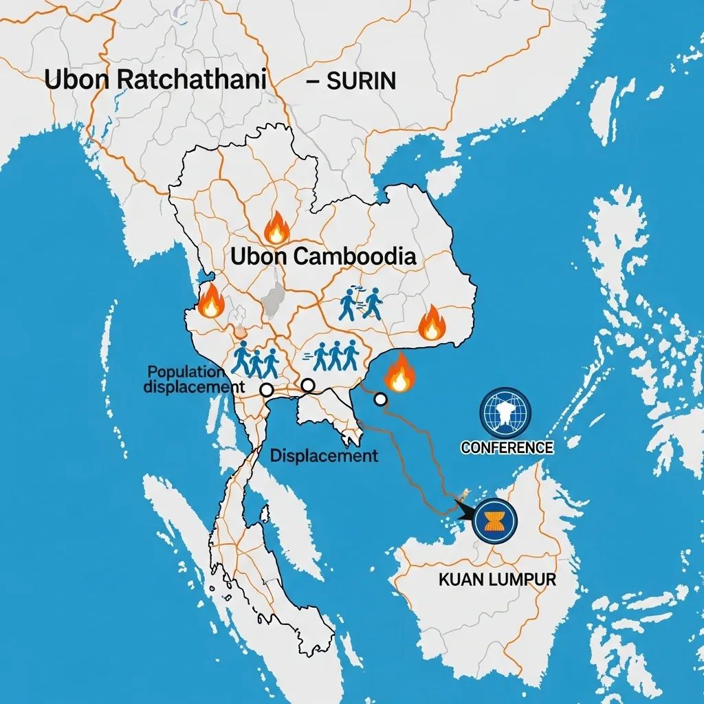 Infographic map of Thailand-Cambodia border showing key clash locations and displaced populations
