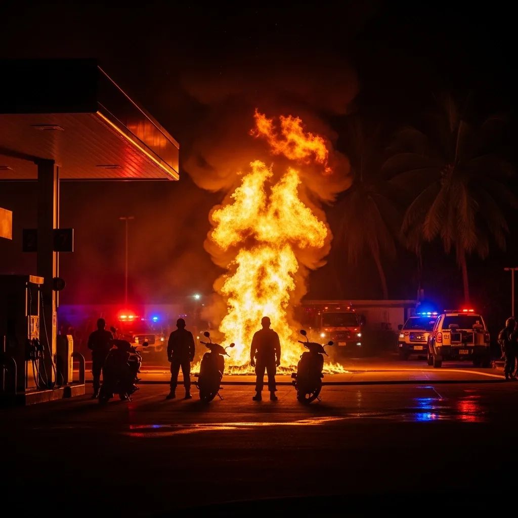 Night-time petrol station ablaze with security vehicles and masked personnel in Narathiwat