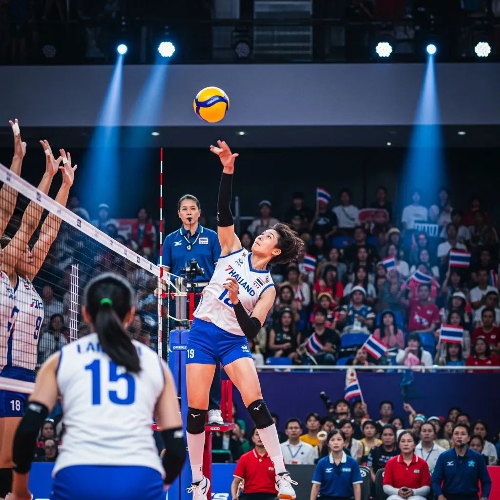 Thailand women's volleyball team spiking the ball against Singapore during a SEA Games match in an indoor stadium