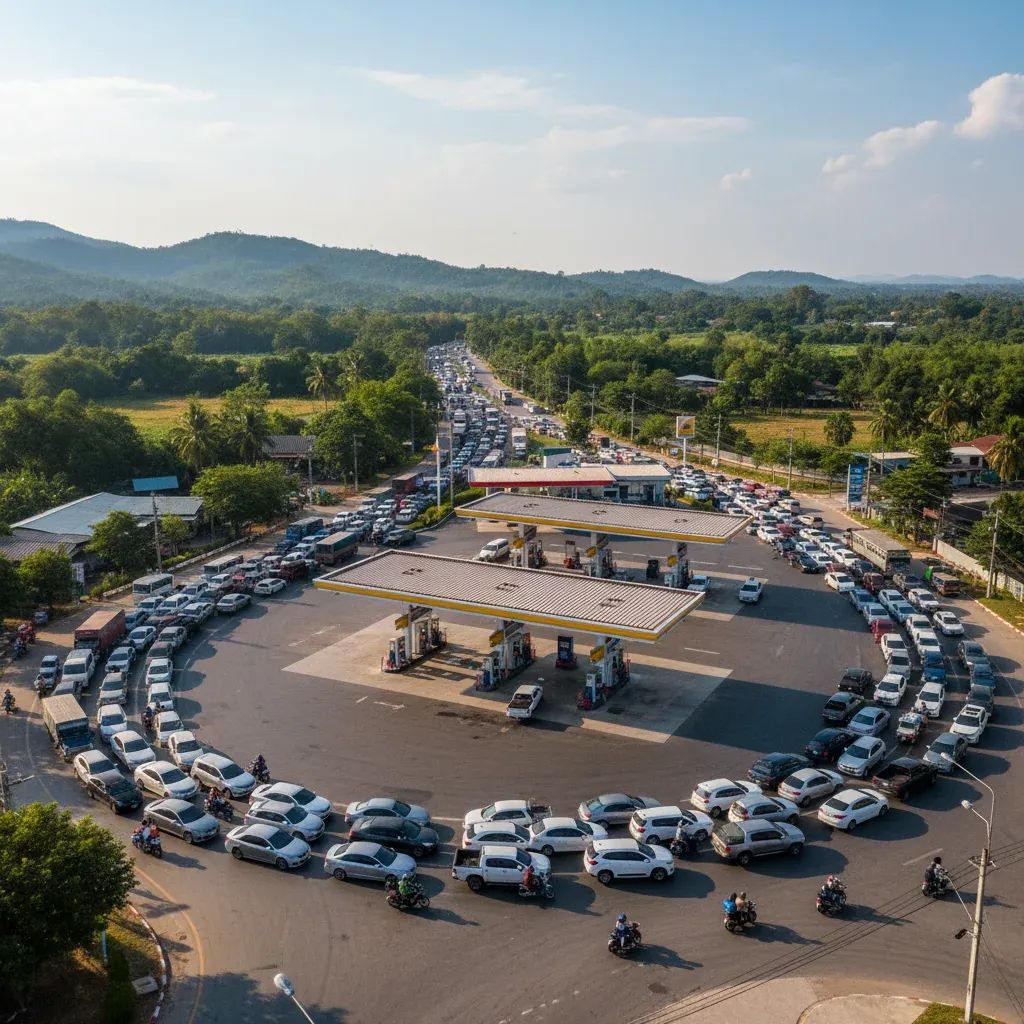 Long queue of vehicles at Thai fuel station during diesel crisis, Mae Sot border region