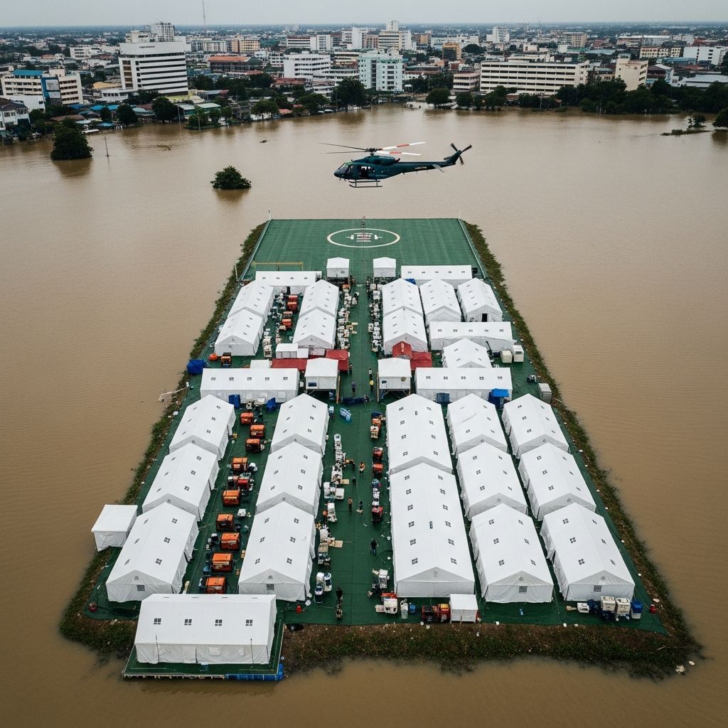 Aerial view of field hospital tents on elevated ground in flooded Hat Yai with a supply helicopter overhead