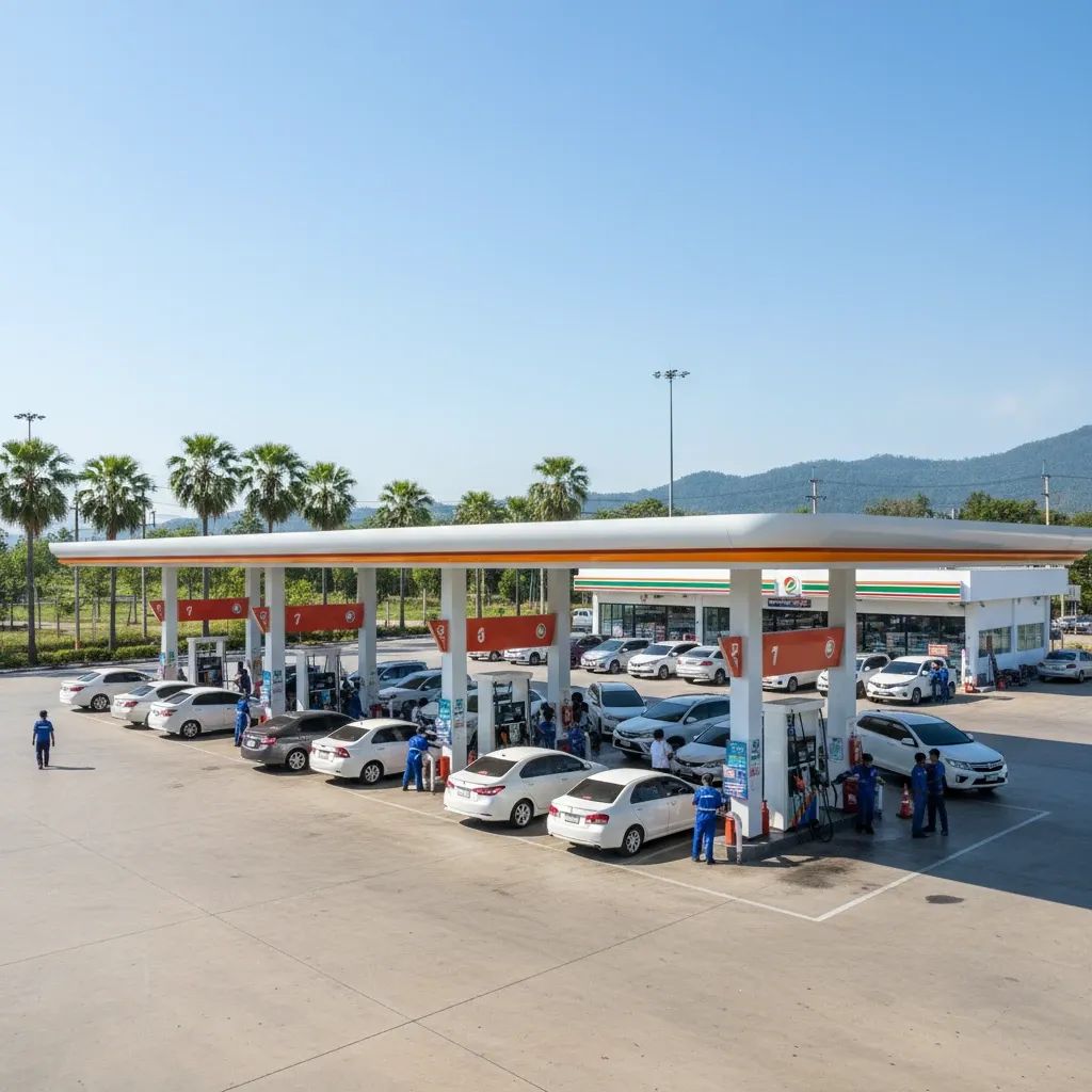 Thai fuel station with queue of vehicles during peak demand period