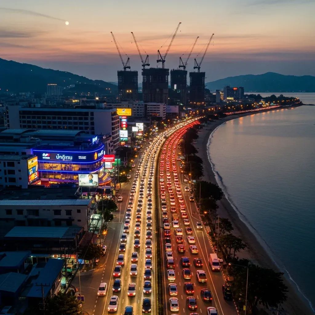 Aerial view of Phuket coastal road jammed with traffic at dusk, hotels and cranes in background