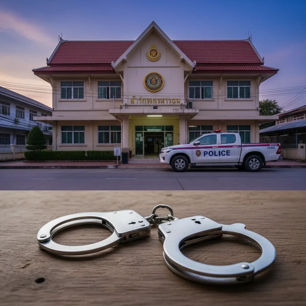 Handcuffs on table in front of Pattaya police station illustrating ex-inmate surrender and Thailand recidivism issues