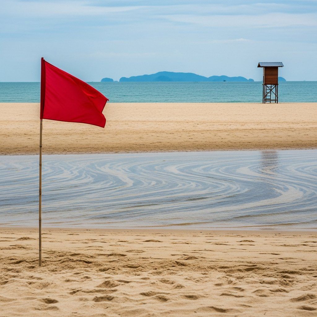 Andaman Sea beach with red warning flag and lifeguard tower signaling dangerous currents