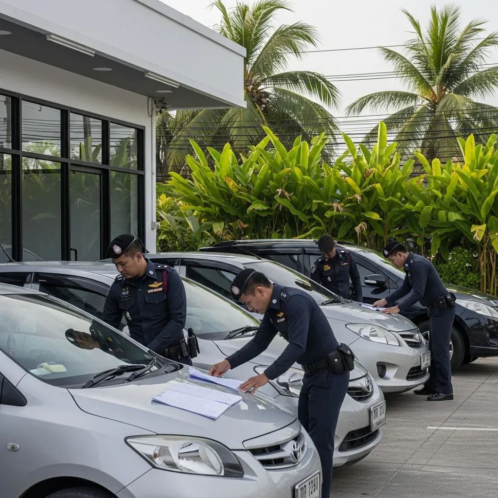 Police inspecting rental cars and documents outside a Phuket car rental shop