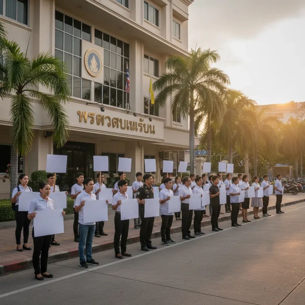 Wide shot of protesters with blank banners outside Chonburi election office after vote recount denial