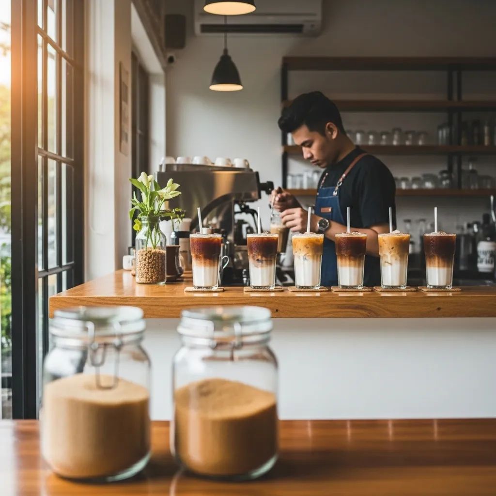 Barista in Thai café with half-filled sugar jars and iced coffee drinks on counter