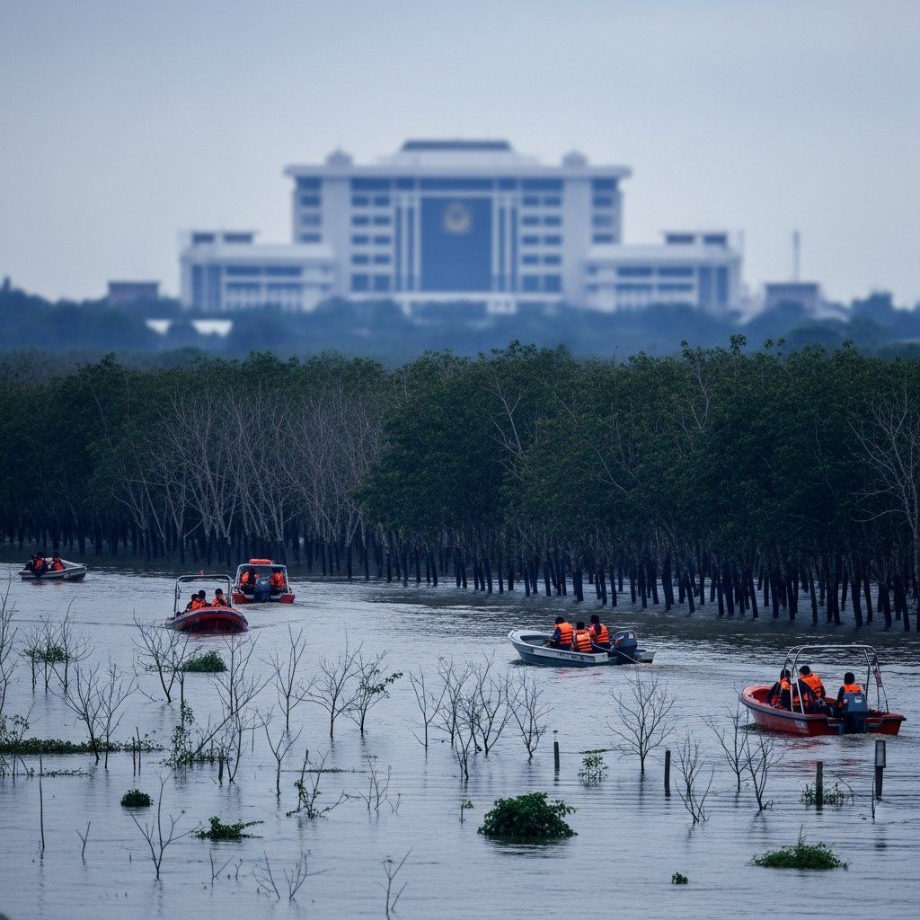 Flooded southern Thai village with submerged rubber plantations and rescue boats under overcast sky