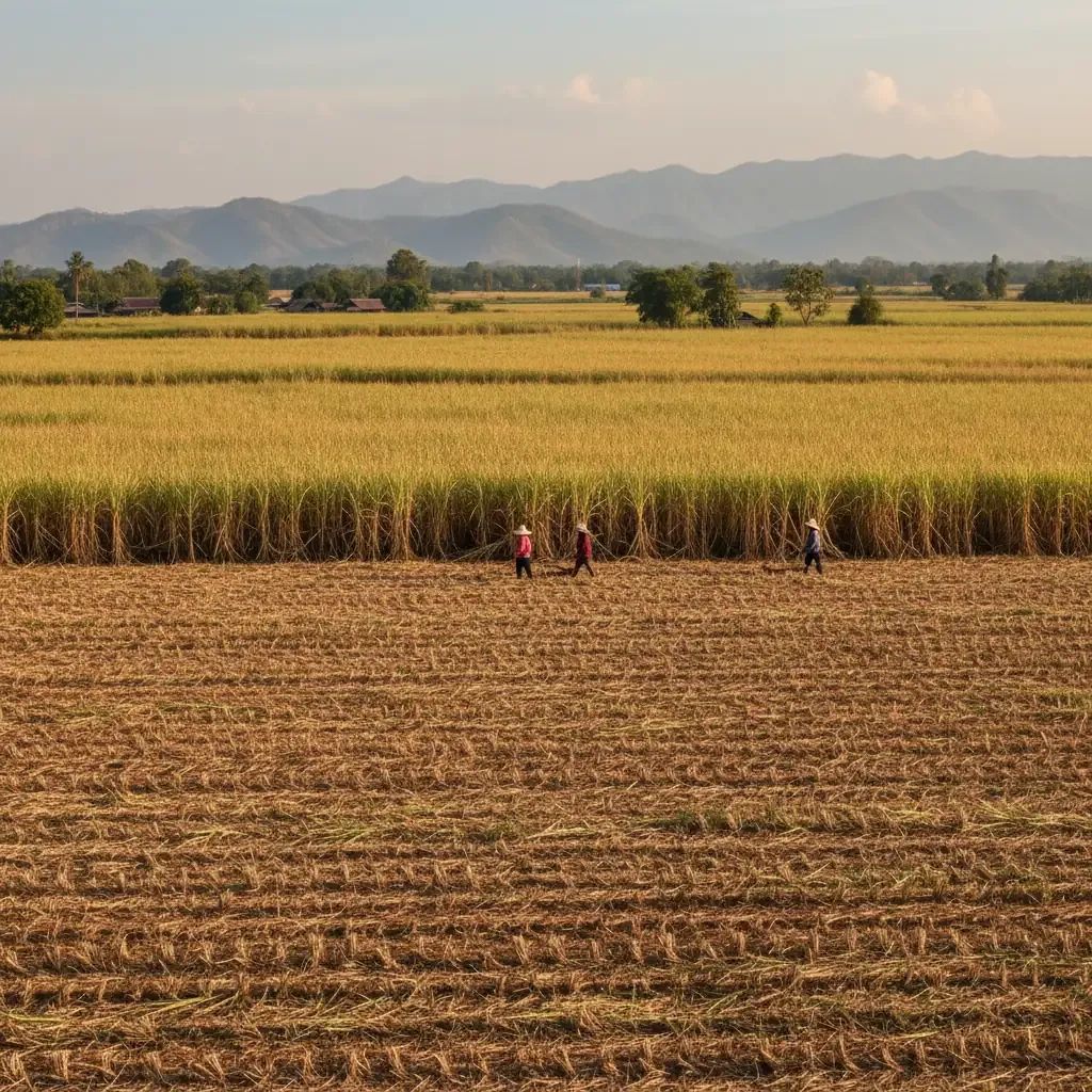 Wide Thai sugarcane field with just a few migrant workers harvesting, illustrating seasonal labour shortage