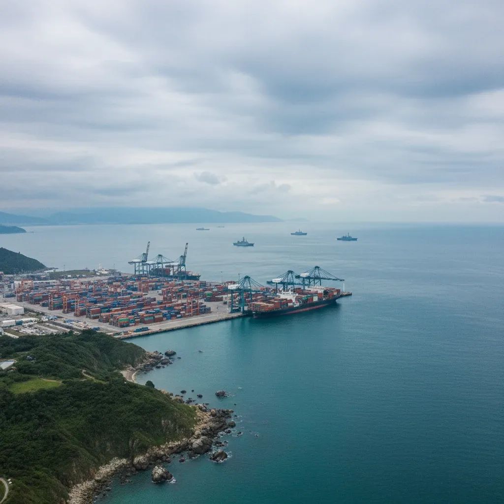 Taiwan Strait maritime scene with shipping containers and military vessels symbolizing trade and security tensions