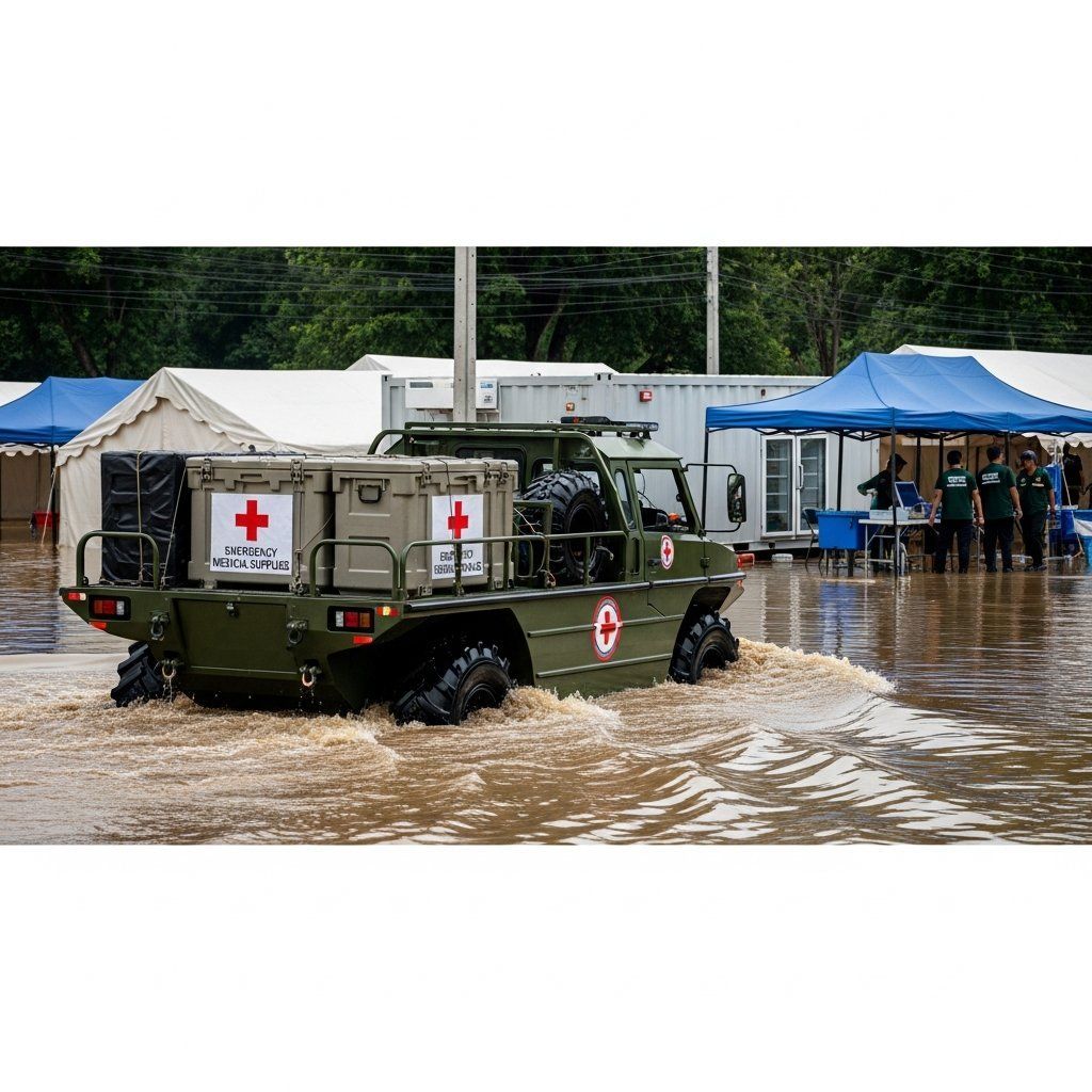Amphibious vehicle delivering medical supplies through a flooded Hat Yai street with field hospital tents behind