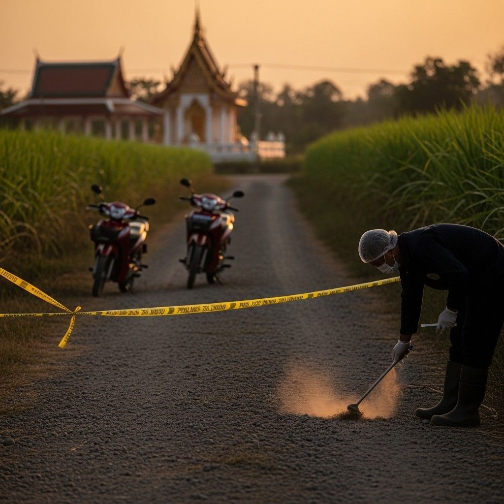 Forensic investigator silhouetted dusting for evidence on a rural Thailand dirt road at dusk near sugarcane fields