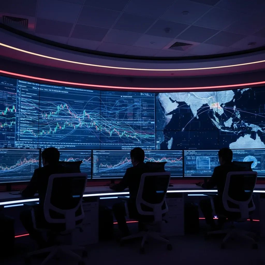 Cyber command center with analysts monitoring fraud data on large screens