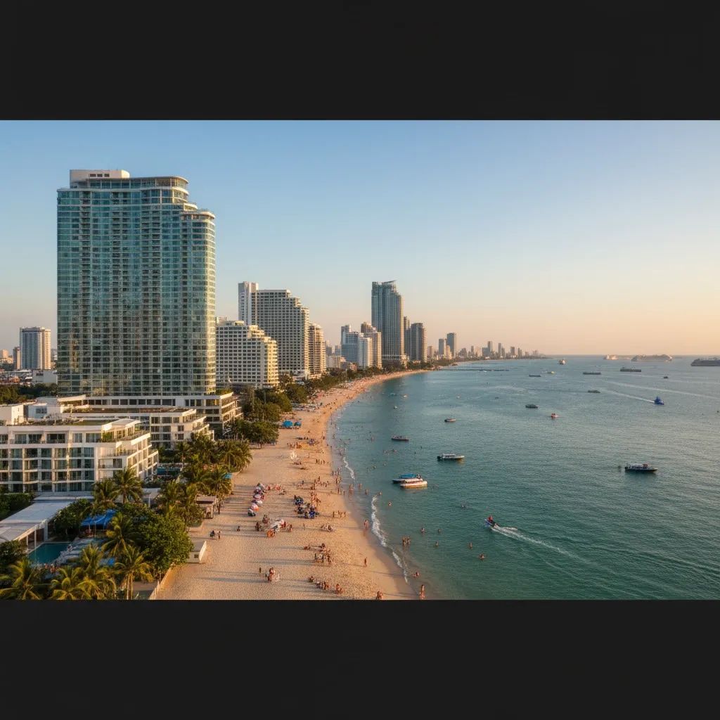 Busy Pattaya beach with hotels and tourists enjoying the coastline on a sunny day