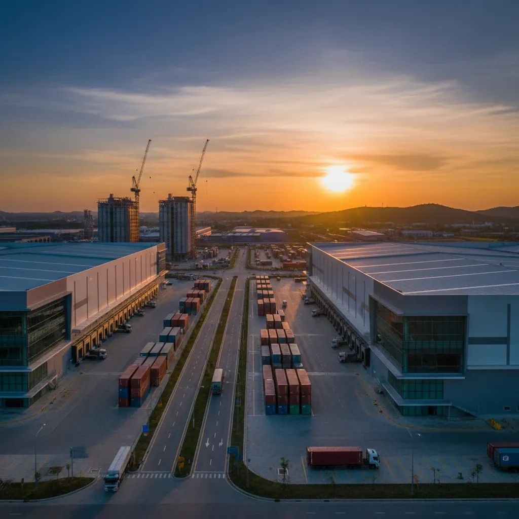 Construction site showing modern warehouse and logistics facility development in Thailand's Eastern Economic Corridor region