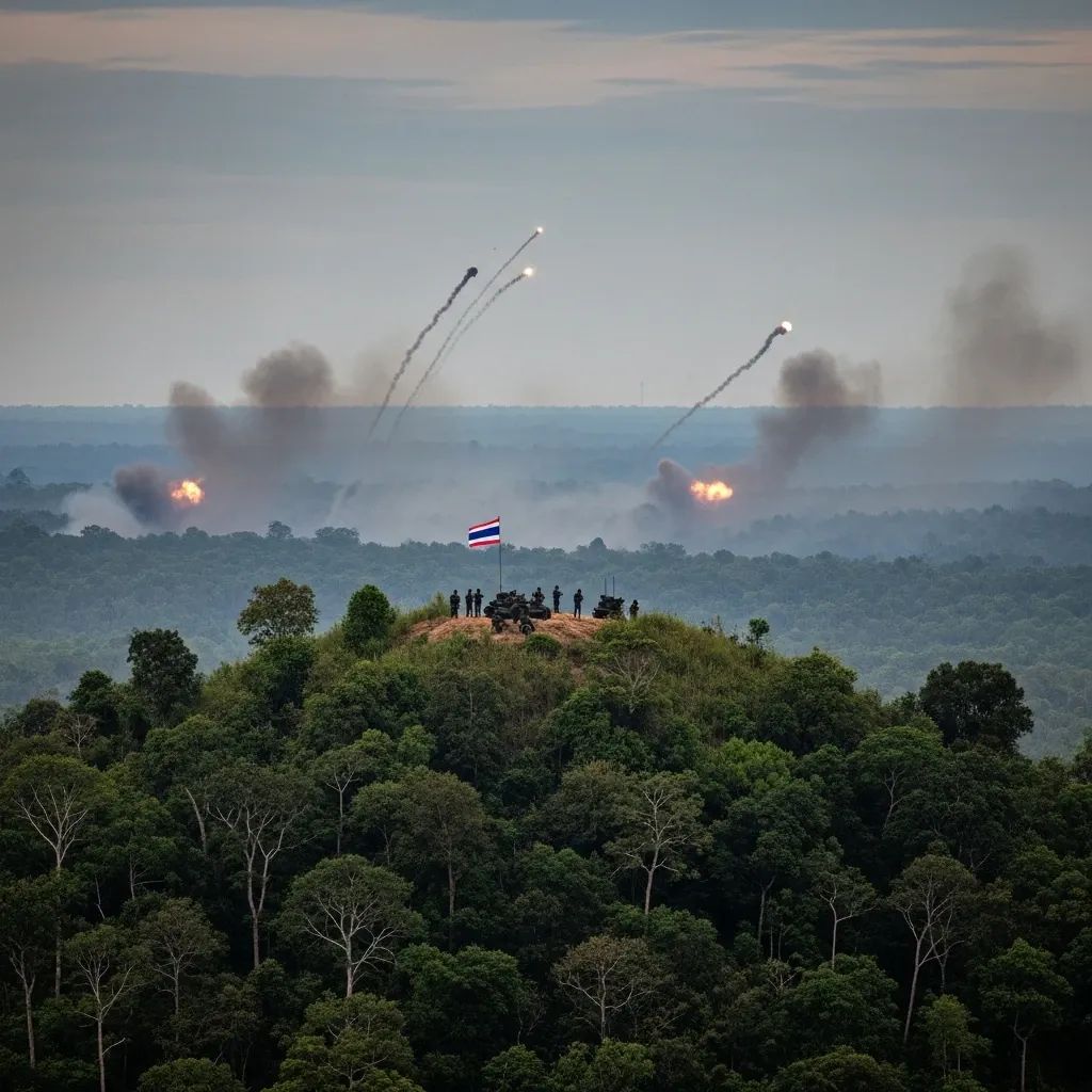 Distant view of Thai soldiers and flag on a jungle-covered hill under artillery fire over the border