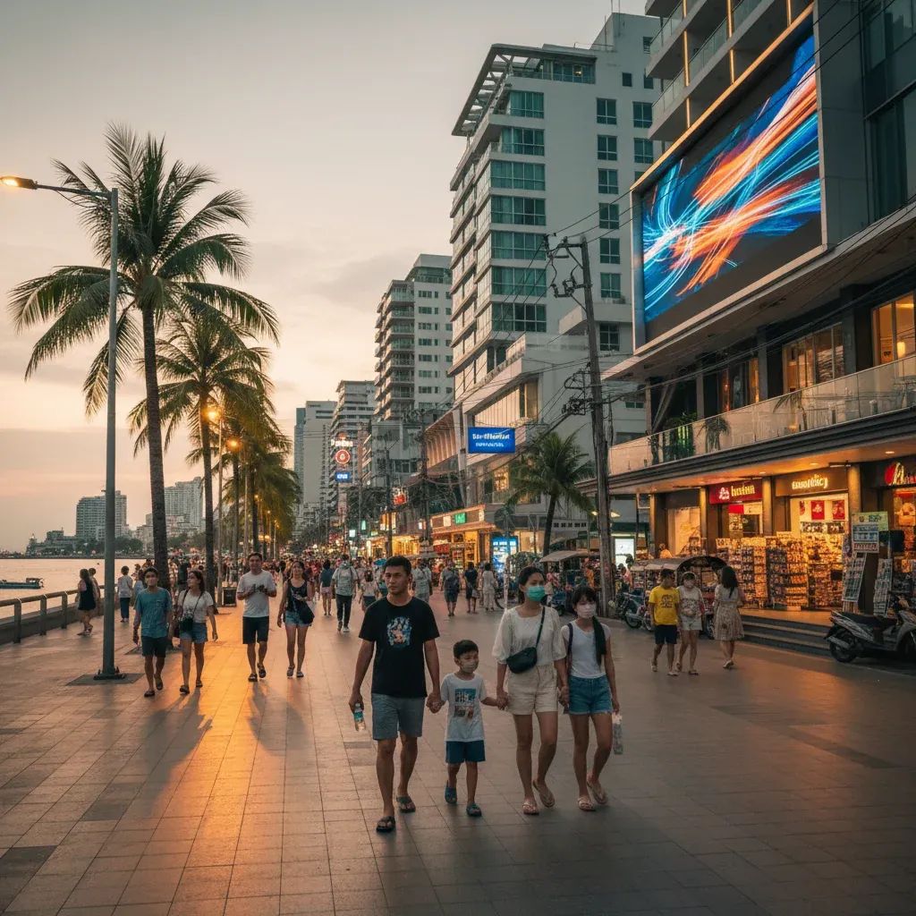Pattaya beachfront street with tourists walking past shops and businesses in evening light