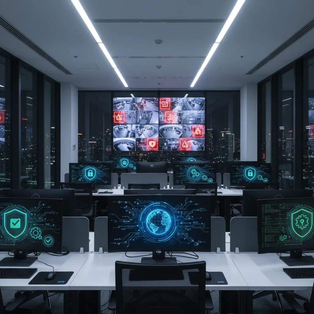 Bangkok cyber security office with monitoring displays and digital crime prevention systems