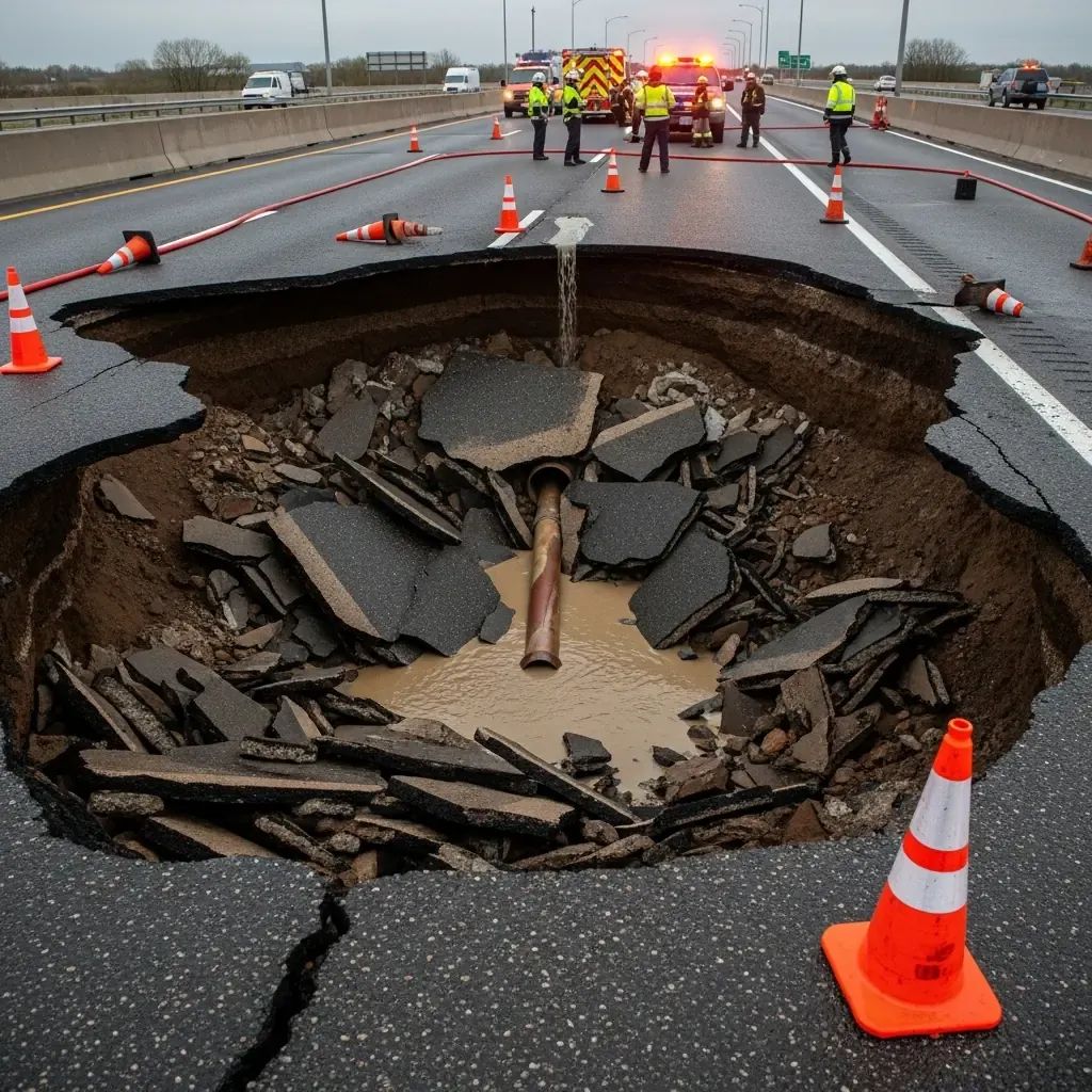 Dramatic highway sinkhole on Rama II service lane with traffic cones and muddy water