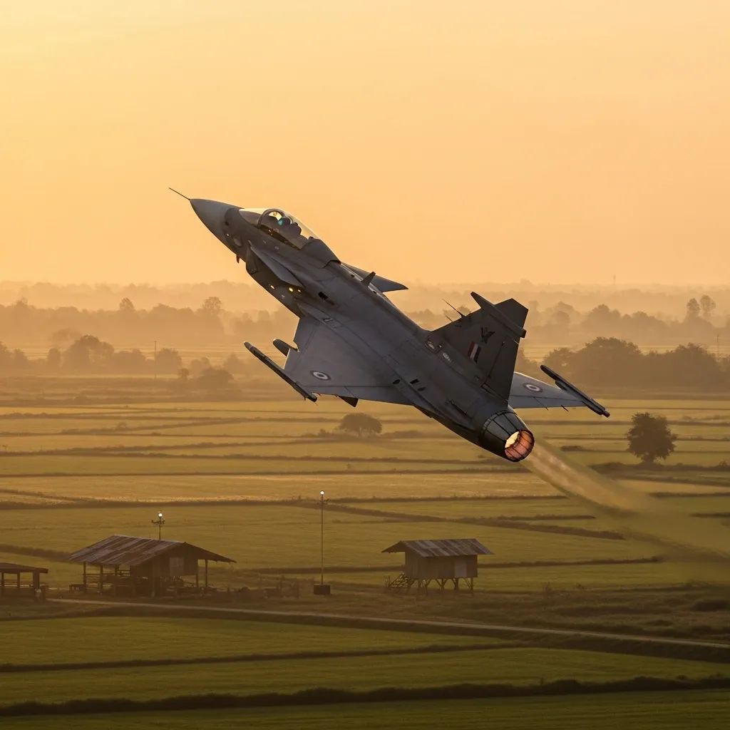 JAS-39 Gripen fighter jet flying over rural Thai border region at dawn
