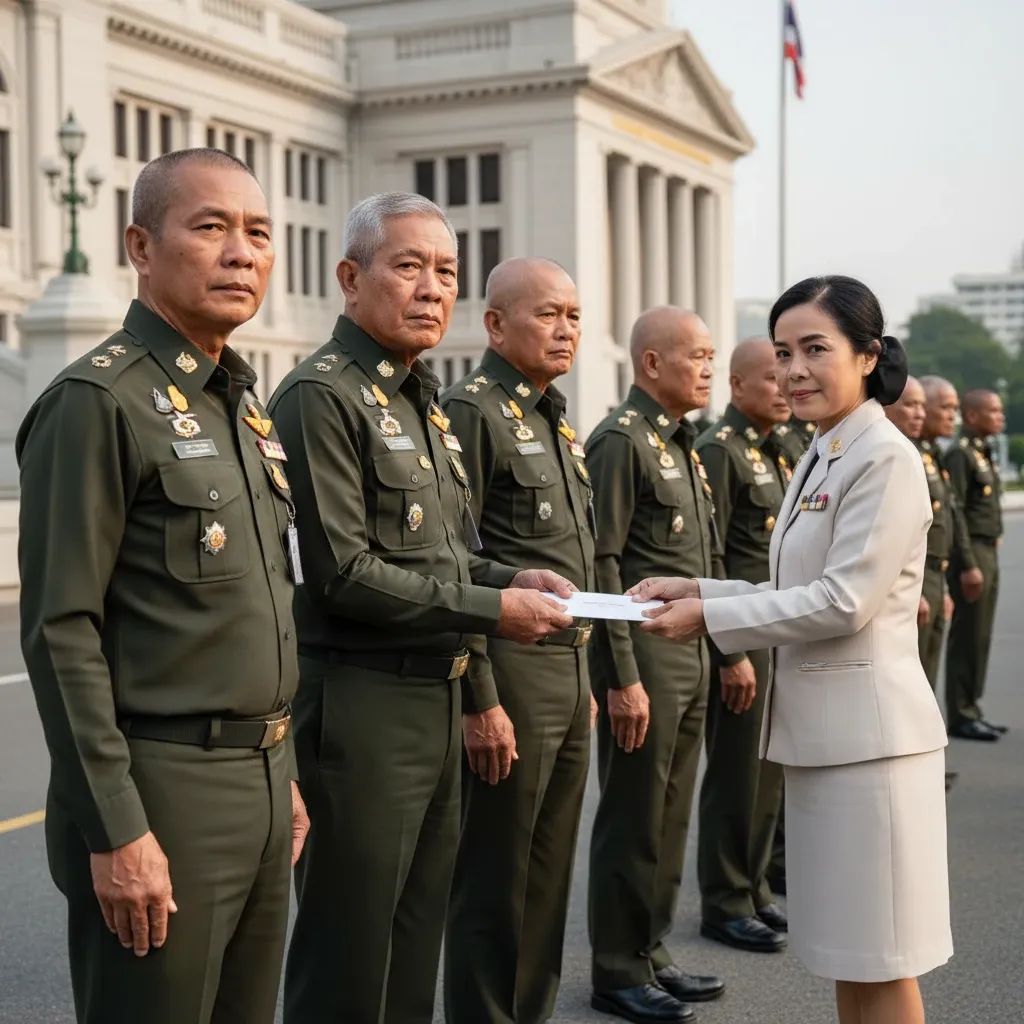 Thai veterans in uniform receiving stipend envelope outside a government office