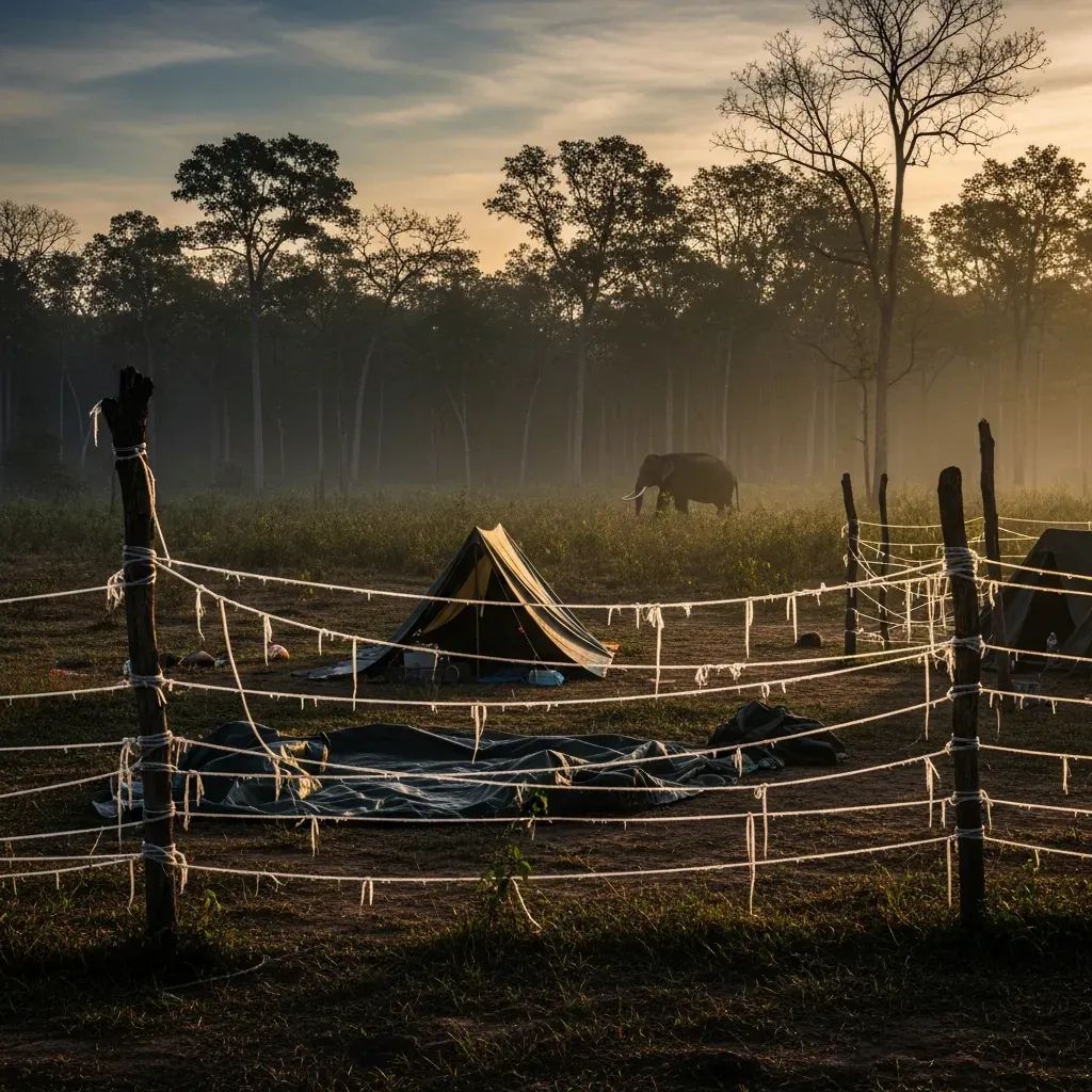 Deserted Khao Yai forest campsite behind fencing with bull elephant silhouette