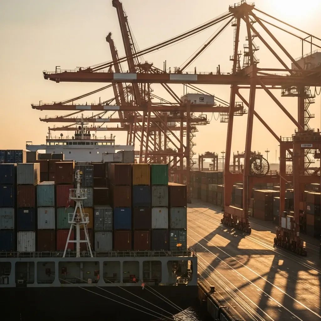 Container ship docked at a Thai port with colorful shipping containers and industrial cranes