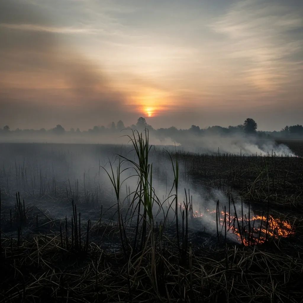 Smoldering sugarcane field in rural Thailand with smoke haze drifting over farmland