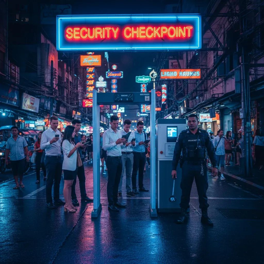 Patrons queuing at an airport-style body scanner outside a bar on a Bangkok nightlife street
