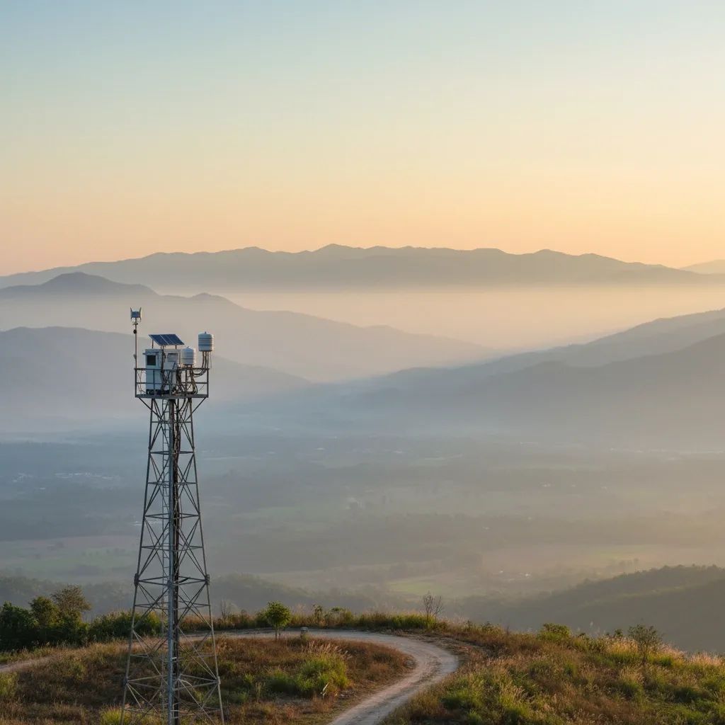 Air-quality sensor tower overlooking a lightly hazy Chiang Rai valley near the Thai-Laos border