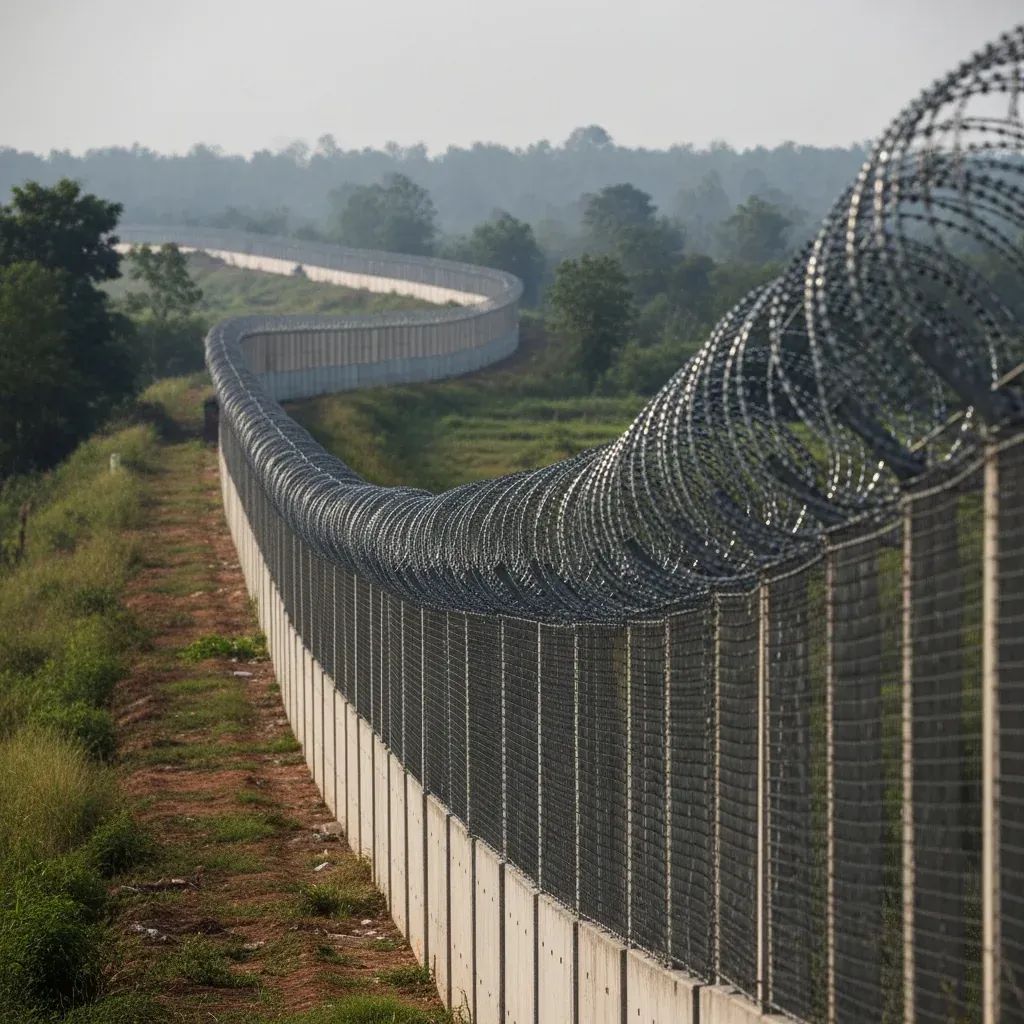 Concrete barrier and concertina wire snaking through rural Thai–Cambodian border farmland