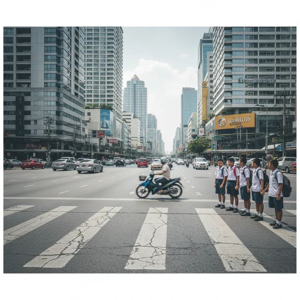 Motorbike speeding through zebra crossing as students wait on a Bangkok street