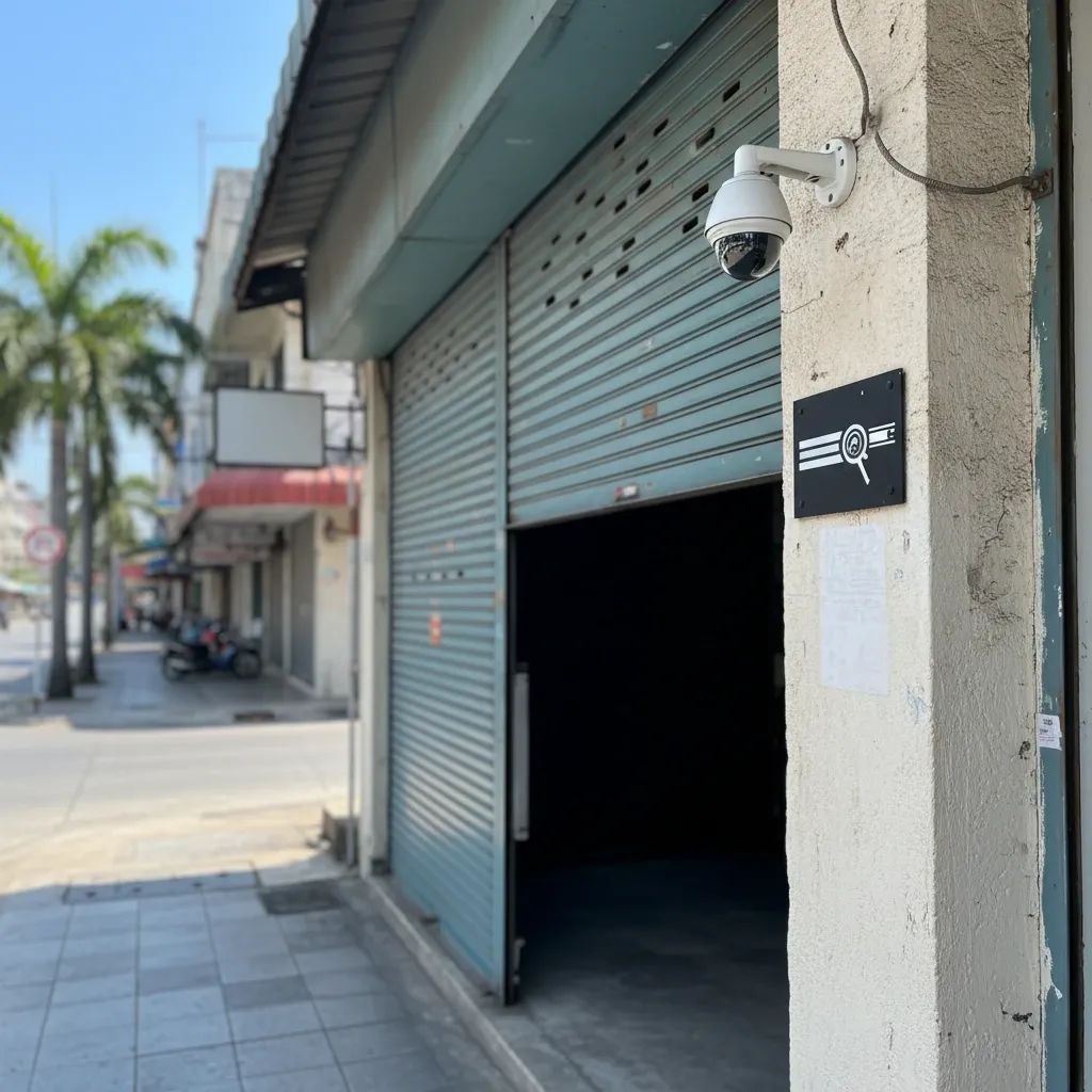 Pattaya storefront with mounted security camera for crime prevention and surveillance