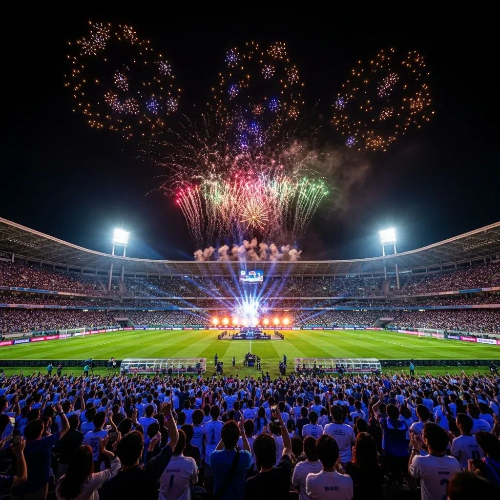 Wide-angle view of Rajamangala Stadium at SEA Games closing with fireworks and drones overhead