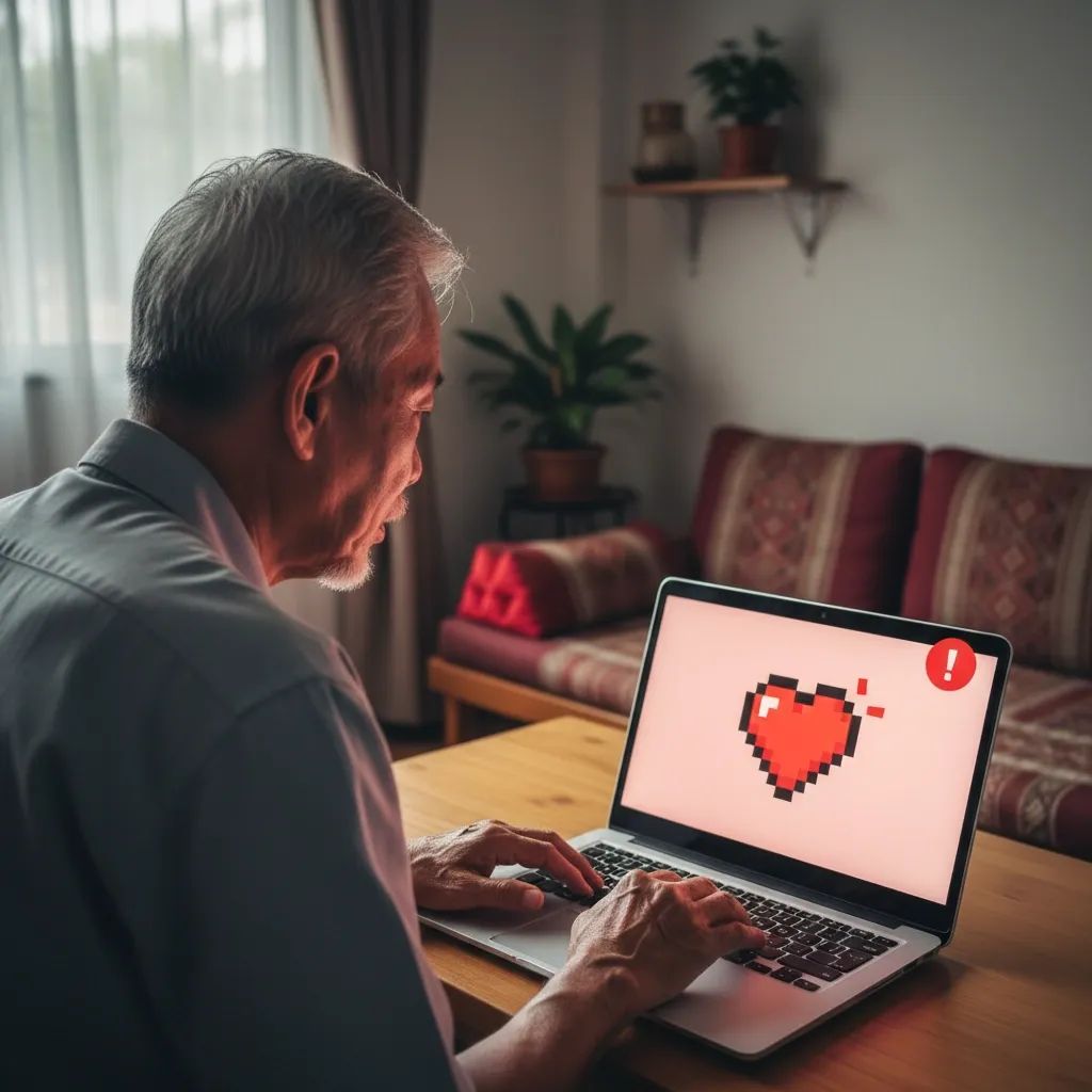 Elderly Thai man seen from behind using laptop showing warning heart icon about an online romance scam