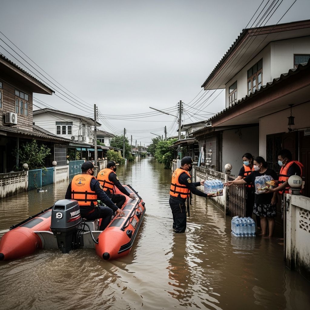 Rescue boat delivering aid to flooded homes in Hat Yai, Songkhla during PM Anutin’s relief mission