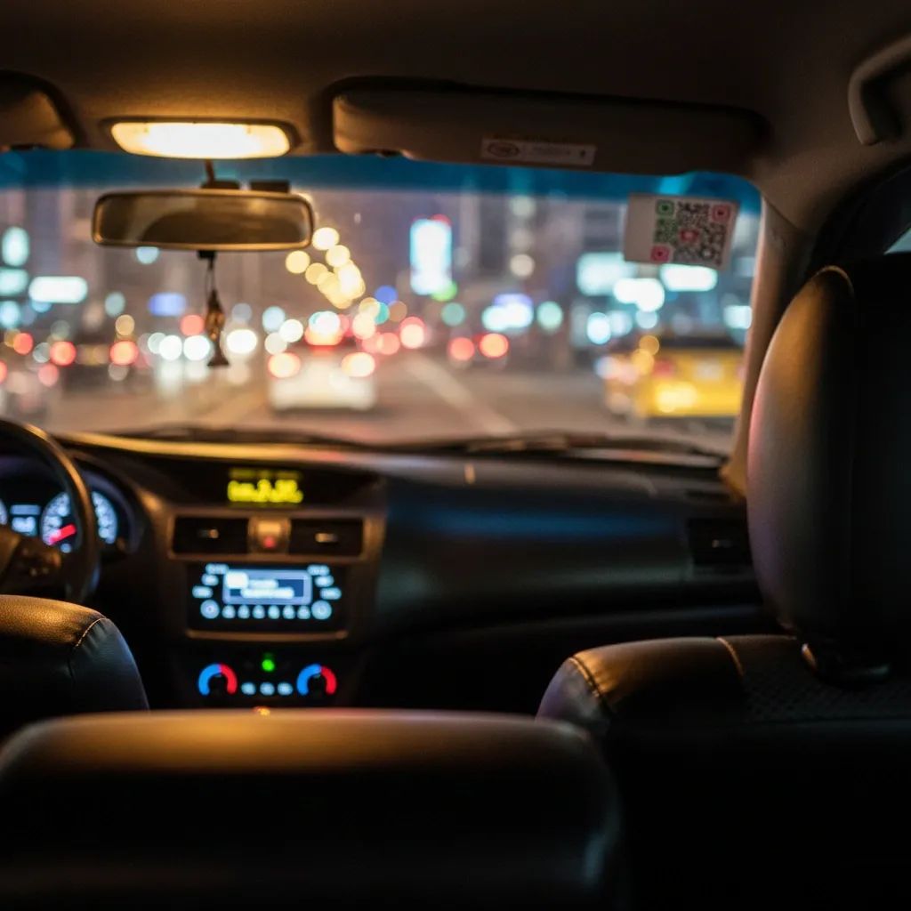 Interior of a Bangkok taxi showing a QR code sticker on a window against blurred night city lights