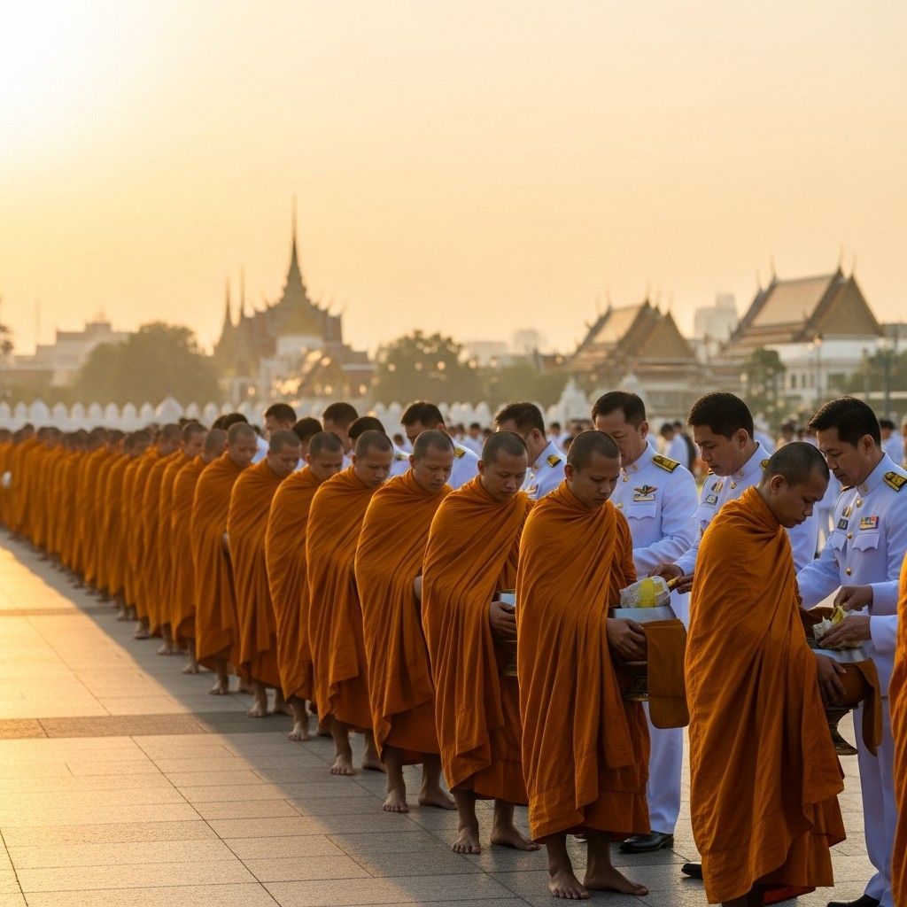 Monks in saffron robes receiving offerings from officials at Sanam Luang at sunrise