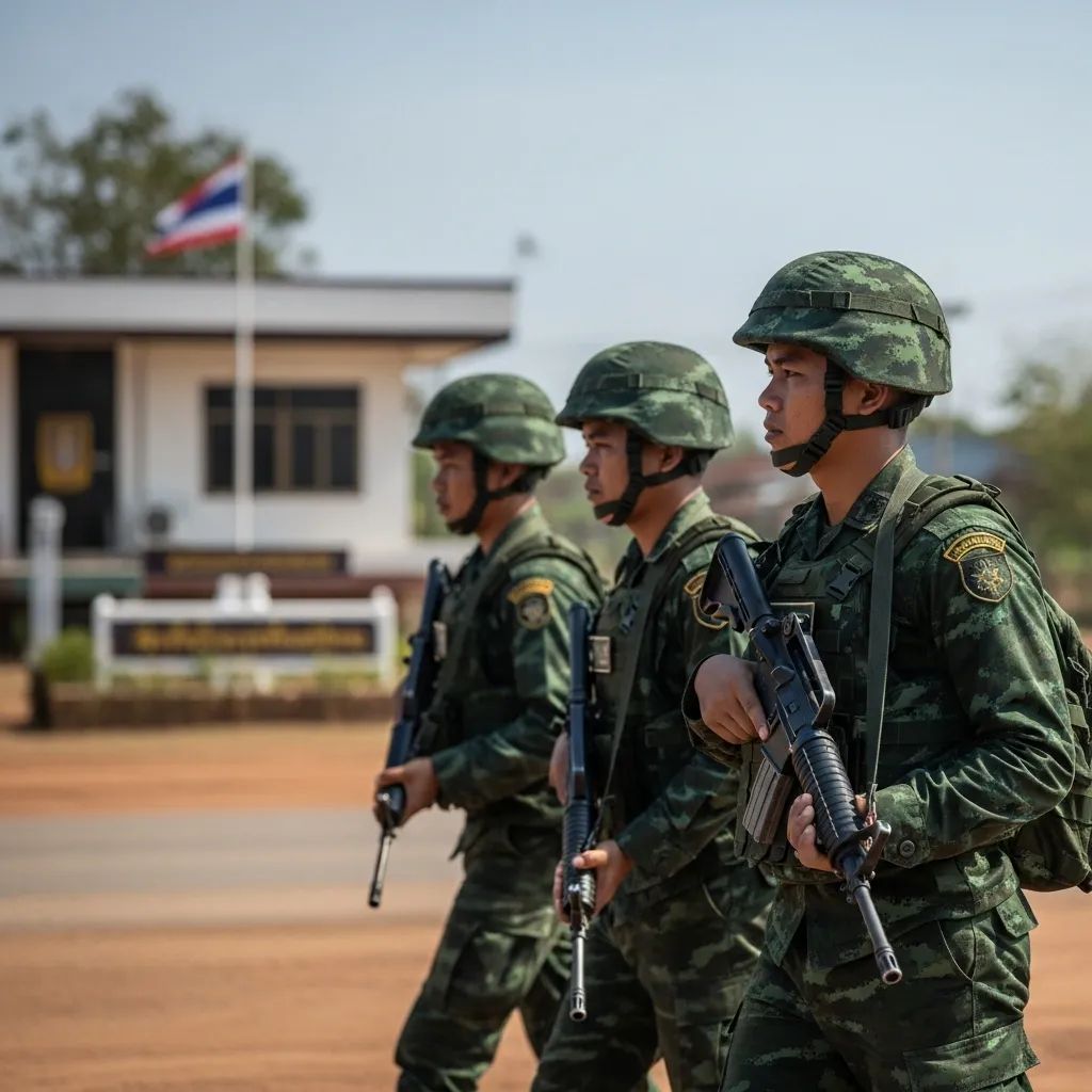 Uniformed Thai soldiers patrolling a rural border checkpoint near a government building