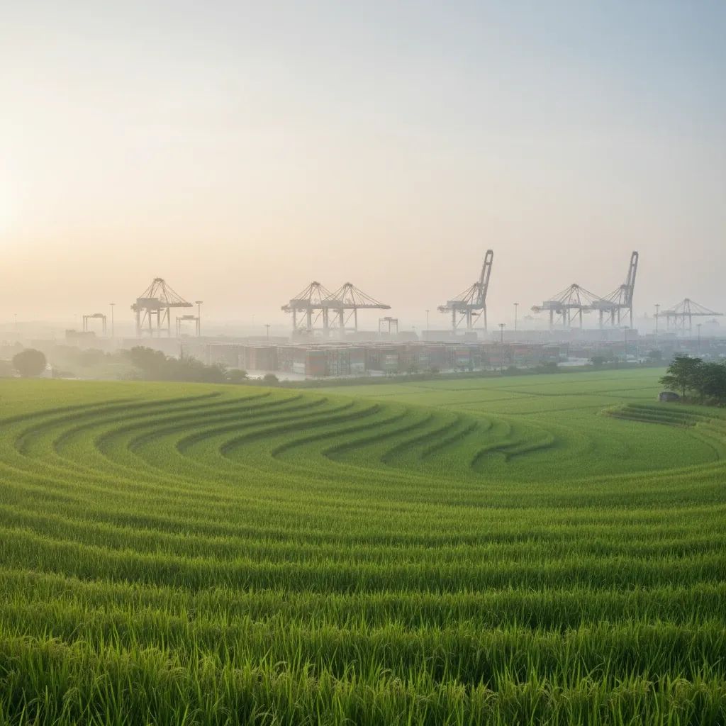 Thai rice paddies with distant cargo port symbolising uncertainty over farm exports