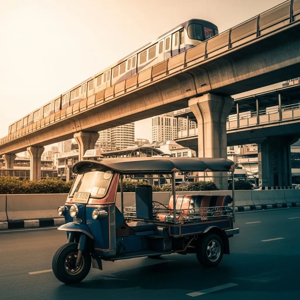 Vintage tuk-tuk passing beneath a modern BTS Skytrain overpass in Bangkok cityscape