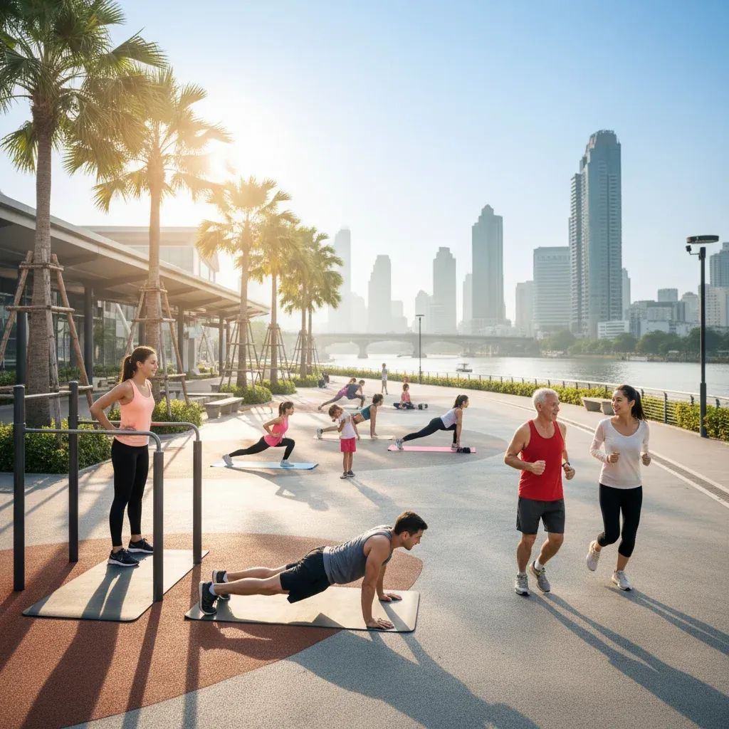 Diverse group of people exercising together in a Thai public park with Bangkok skyline in background