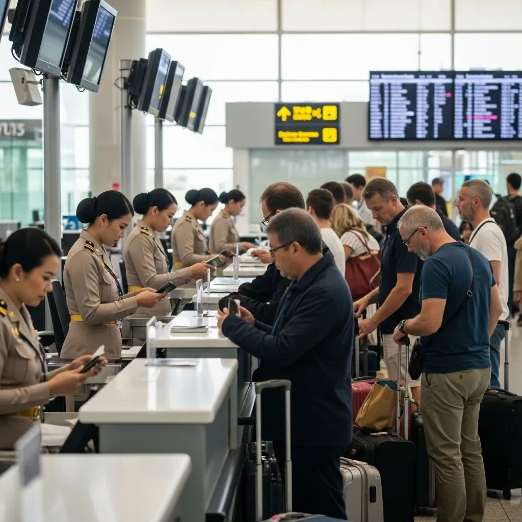 Thai immigration officers checking passports at an airport passport control area