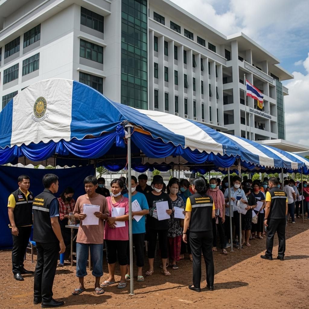 Residents queuing with documents at a flood relief tent beside Hat Yai municipal building