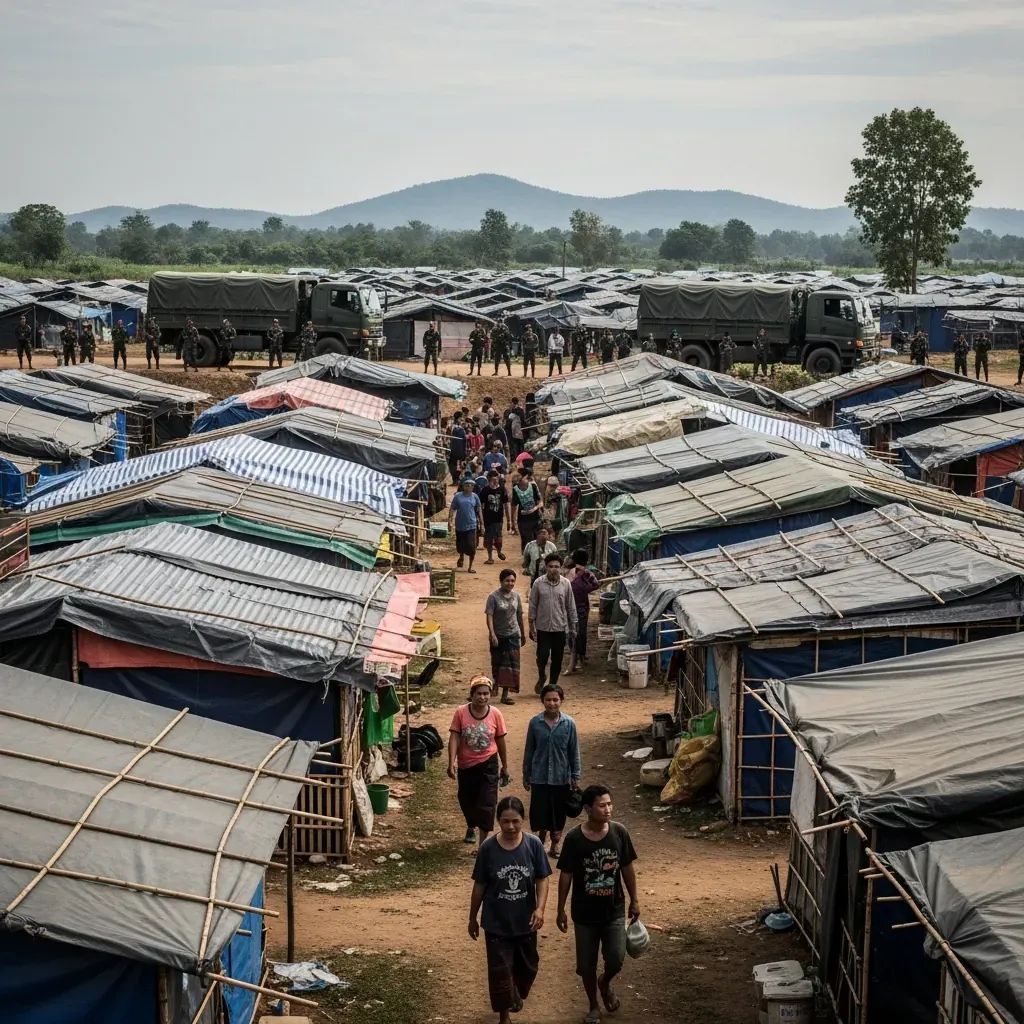 Thai villagers at a temporary border shelter in Sa Kaeo province awaiting a ceasefire