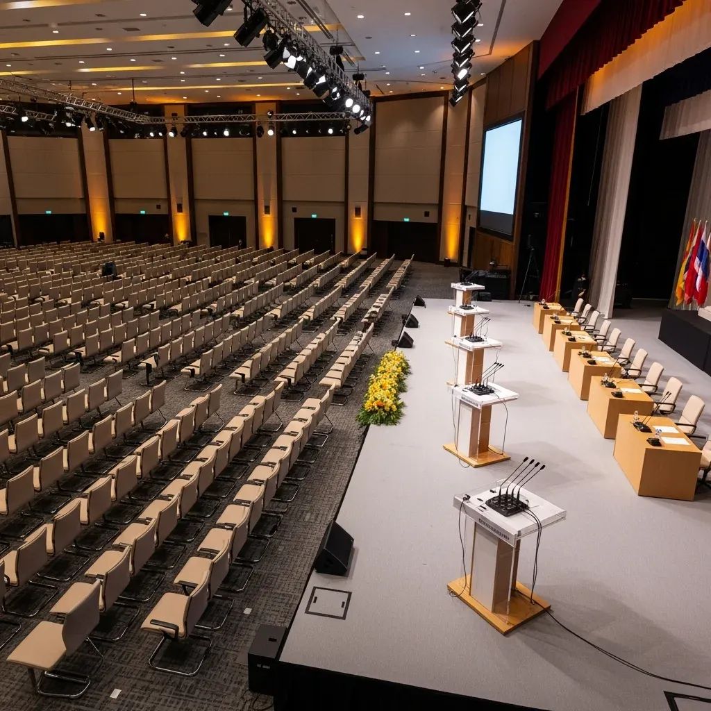 Conference hall set up with multiple podiums and microphones for a Bangkok political debate