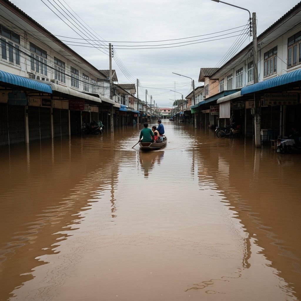 Flooded commercial street in southern Thailand with villagers in a small boat