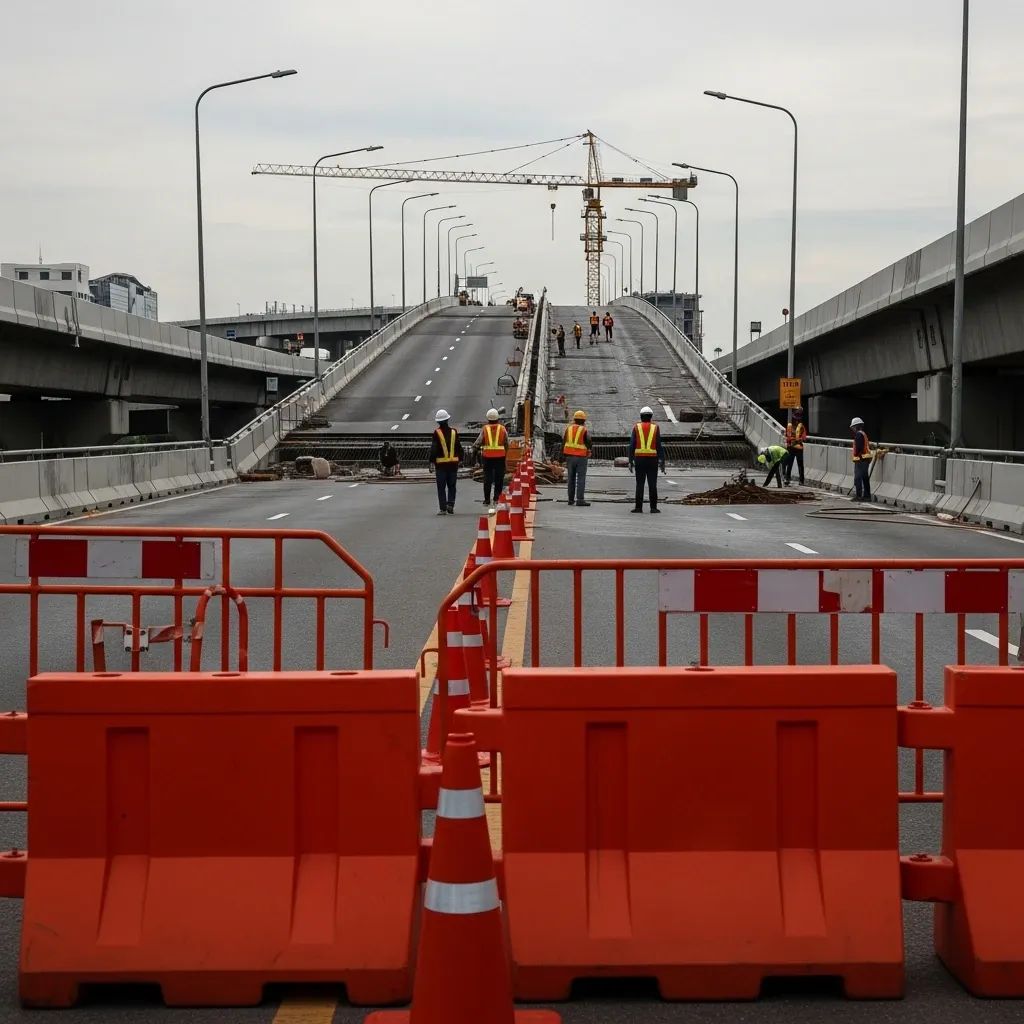 Elevated section of Rama II motorway closed for repairs with barricades, traffic cones and a crane in the background