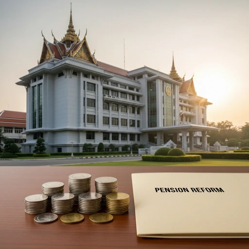Stacked coins and pension document before a Thai government building, reflecting social security reform